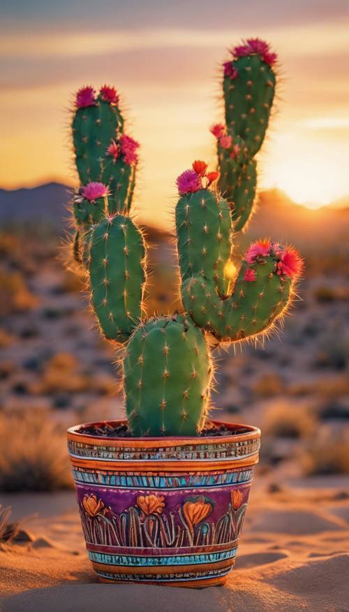 Bliski widok kaktusa udekorowanego w stylu boho w tętniącej życiem, ręcznie malowanej doniczce, wygrzewającego się pod ciepłym pustynnym zachodem słońca