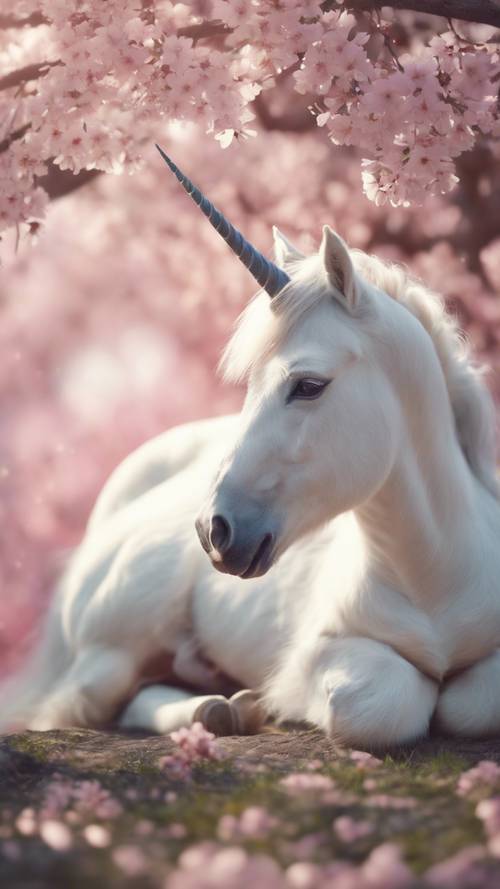 A unicorn cub, napping peacefully under a blossoming apple tree in spring.
