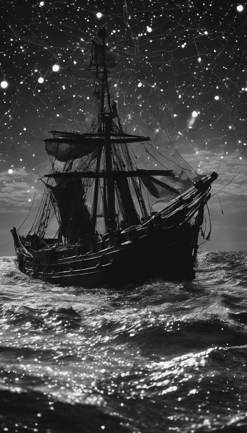 Anciens marins naviguant sur la mer, guidés par des constellations noires et blanches dans le ciel nocturne.