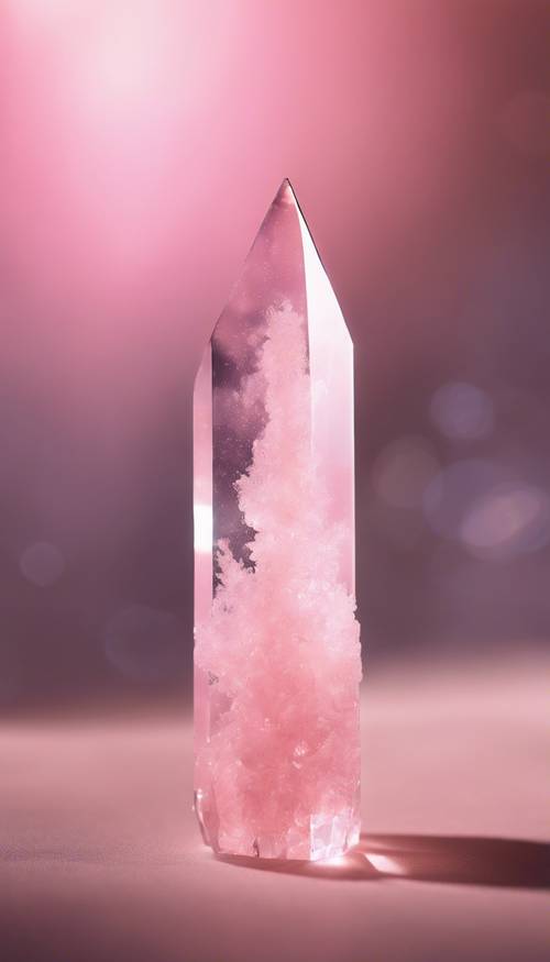 Uma imagem detalhada de uma aura rosa claro emanando de um alto cristal de quartzo.