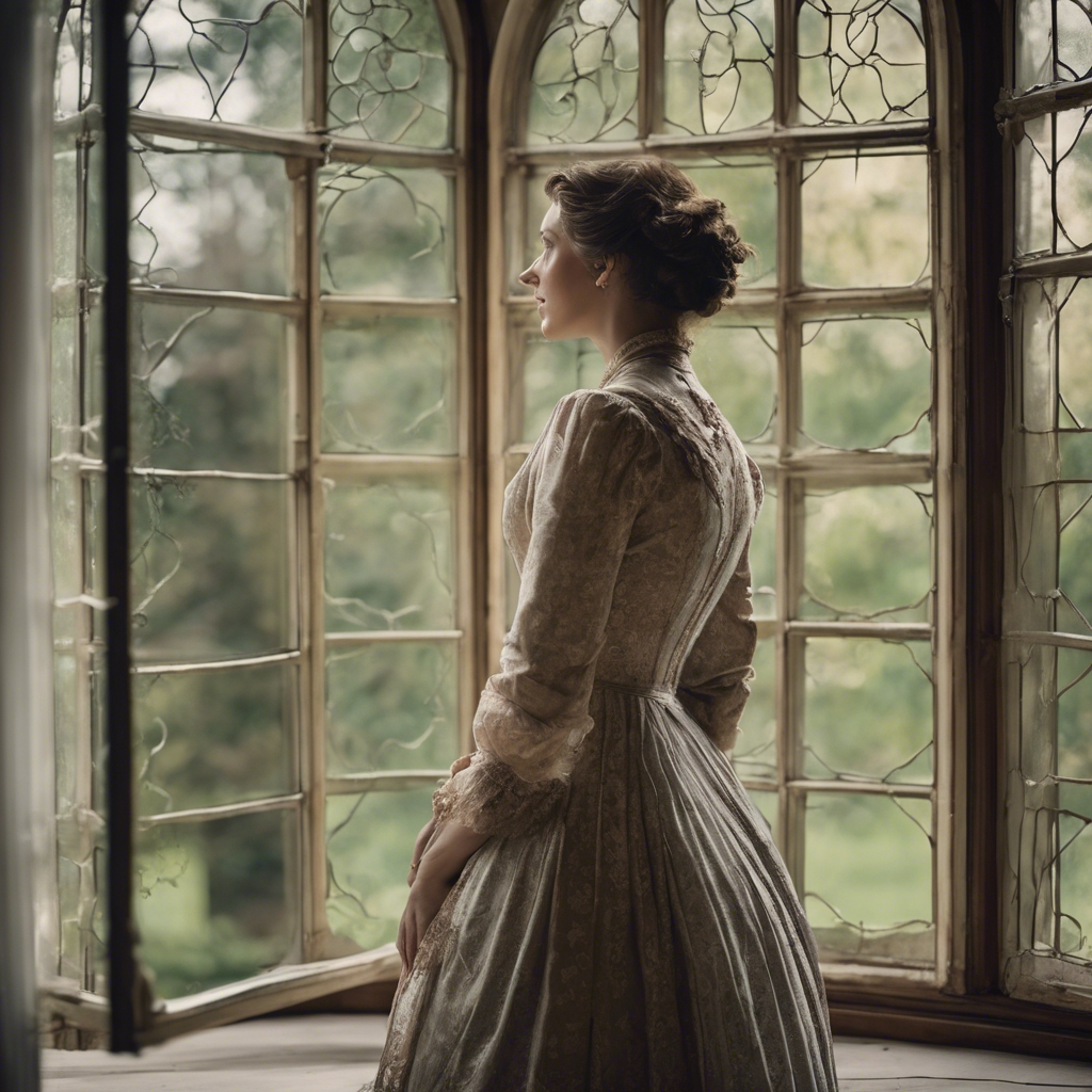 A woman in a vintage Victorian gown looking pensively out an antique window of a historic manor house. Tapet[c96c6cd994b3482b99c6]