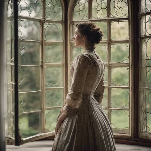 Vintage Viktorya dönemi elbiseli bir kadın, tarihi bir malikanenin antika penceresinden düşünceli bir şekilde dışarı bakıyor.