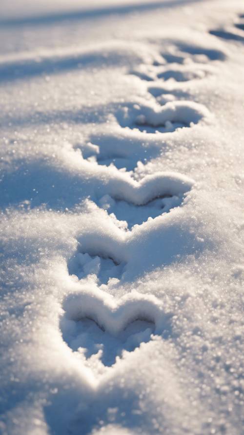 Pegadas em forma de coração na neve fresca em uma manhã brilhante de inverno.