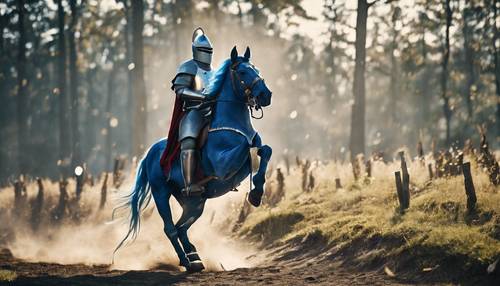 Orta Çağ zırhına bürünmüş bir şövalye, güçlü bir mavi ata binerek savaşa gidiyor. duvar kağıdı [755aa082eebe4dc5934e]