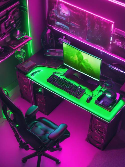 Widok z góry na konfigurację biurka do gier z konfiguracją neonowo-zielonych diod LED