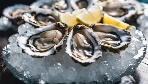 A close-up of glistening fresh oysters on ice, with a bright lemon wedge, in a sea-facing, minimalist café.