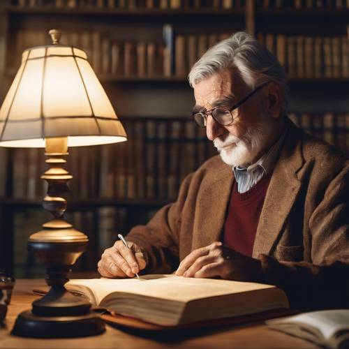 Un vieux bibliothécaire lisant un livre à la douce lumière d’une lampe de bureau.