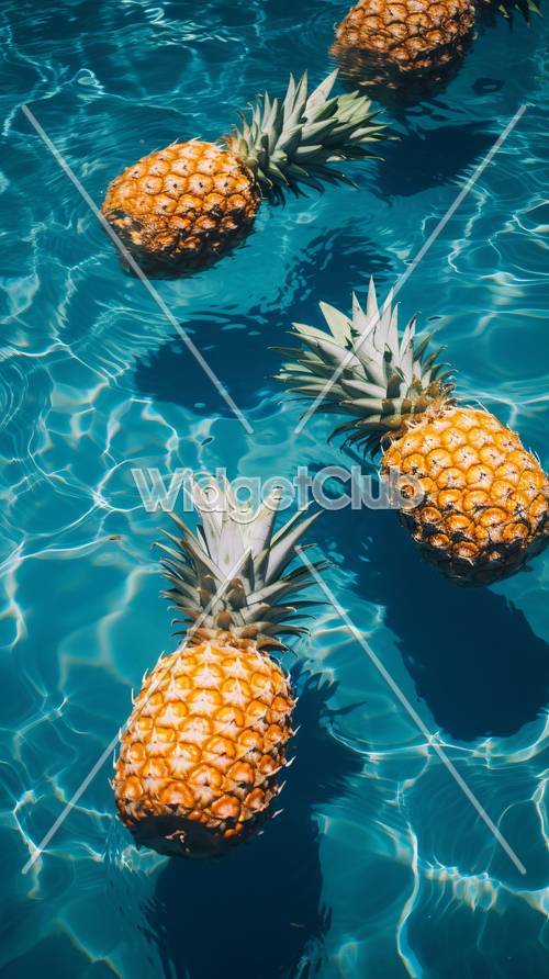Ananas flottants dans l&#39;eau bleu vif
