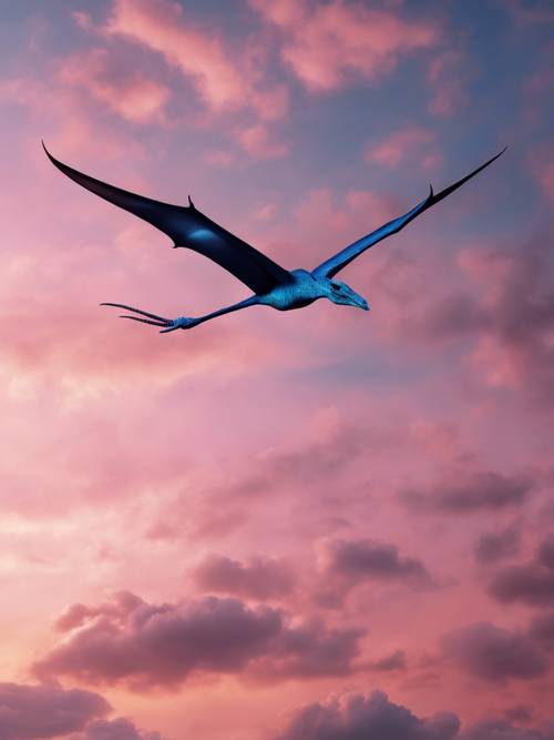 Um pterodáctilo azul voando majestosamente através de um céu crepuscular, pontilhado por nuvens fofas e rosadas.