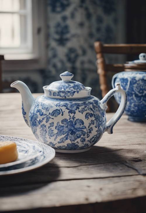 إبريق شاي بنقش دمشقي باللونين الأزرق والأبيض موضوع فوق طاولة مزرعة قديمة.