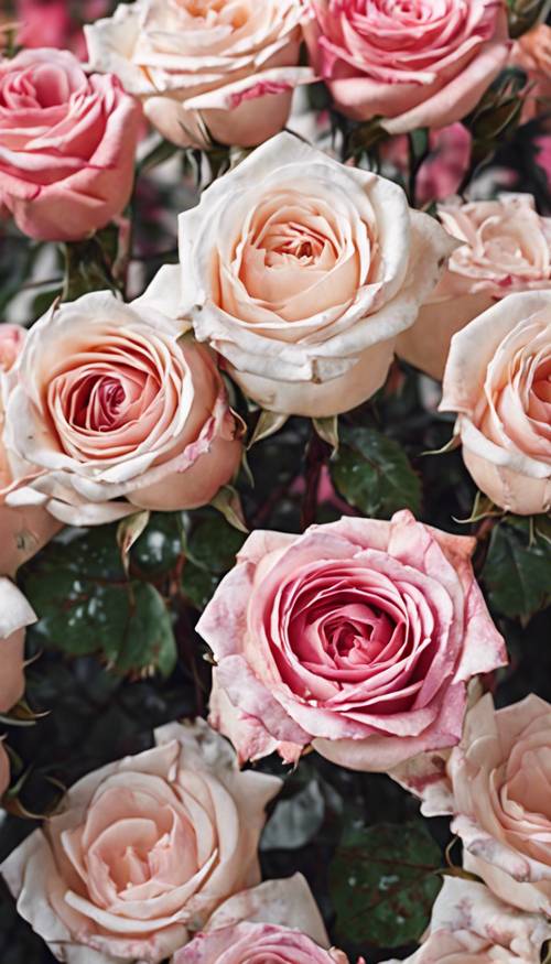 Rosas con pétalos a juego con las tonalidades del mármol rosa y blanco.