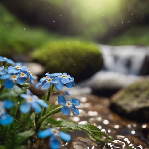 A sprinkling of dainty forget-me-nots next to a babbling brook.