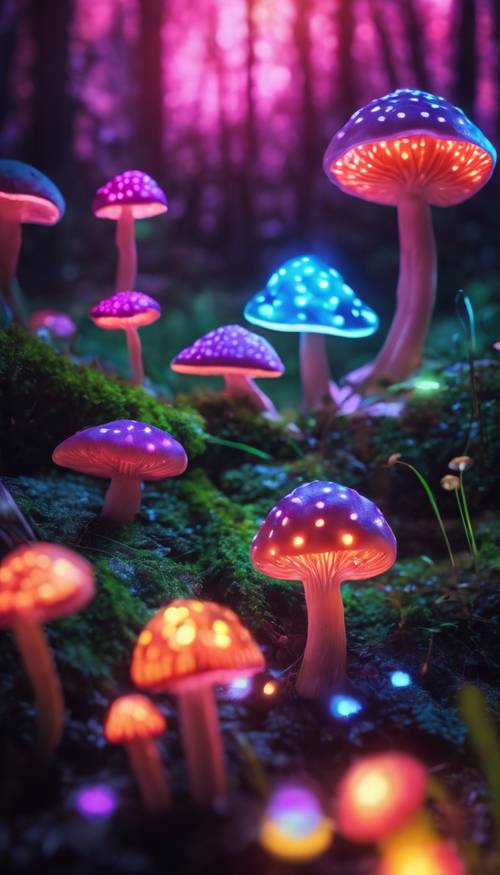 A neon fairy fluttering around neon-colored mushrooms in a magical forest at night. Tapeta na zeď [44b67c0fde6c4e759965]