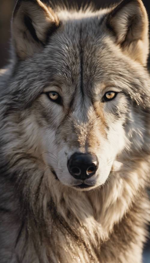 Um close-up de pelo de lobo cinza prateado, com o sol refletindo nos fios.