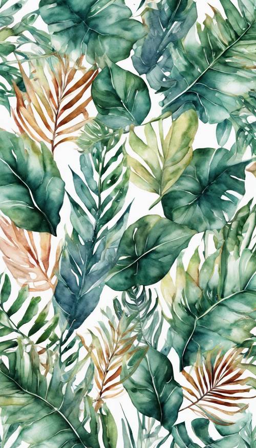A seamlessly repeating pattern of watercolor tropical leaves for a boho chic aesthetic.