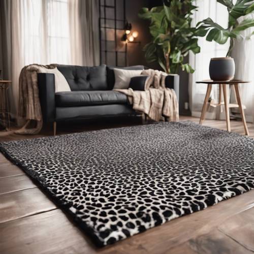Enthüllung eines schwarzen Teppichs mit Gepardenmuster auf dem Holzboden eines gemütlichen Wohnzimmers.