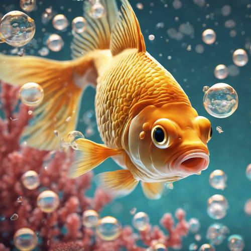 An illustration of a golden goldfish blowing bubbles in front of a coral reef.