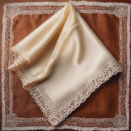 一块带有精致边框的奶油色丝绸手帕放在一张锈色的桌面上。
