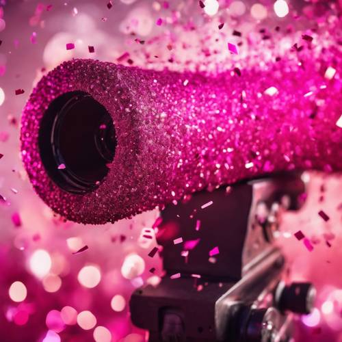 Взрыв ярко-розового блеска из праздничной пушки на вечеринке.
