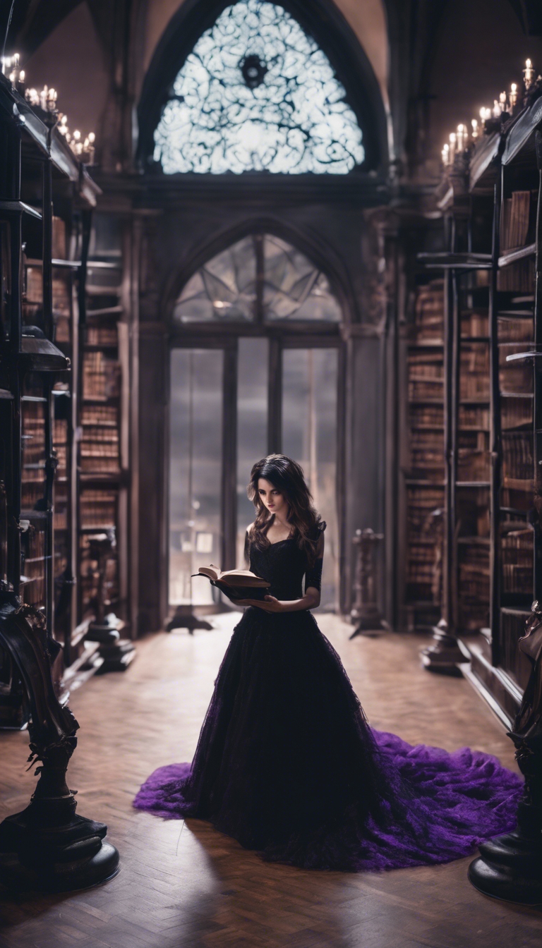 Gothic scene of a young woman dressed in a stylish black gown with purple accents, reading a mysterious book in a dimly lit room. Behang[87fc4f12020d48d5b9be]