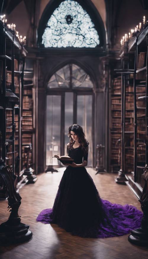 보라색 액센트가 있는 세련된 검은색 드레스를 입은 젊은 여성이 어두운 조명의 방에서 신비로운 책을 읽고 있는 고딕 양식의 장면입니다.