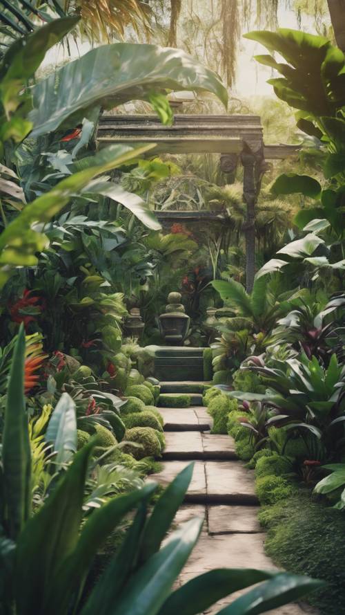 A modern, digital rendition of a botanical garden filled with rare exotic plants.