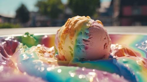 Una toma detallada de un helado de color arco iris derritiéndose bajo el sol de junio.