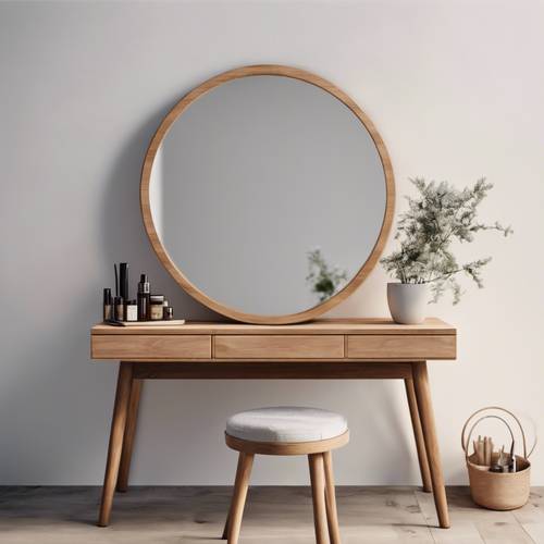 A minimalistic dressing table design with a simple rounded mirror and bare wood.