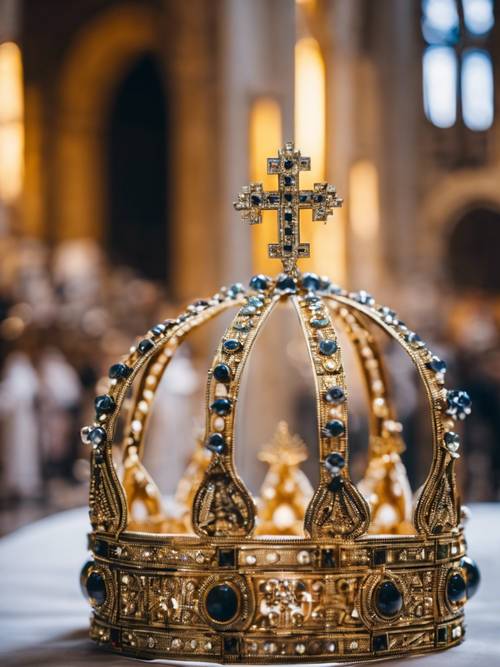 A pope's crown, also known as the Papal Tiara, placed sacredly inside a cathedral.