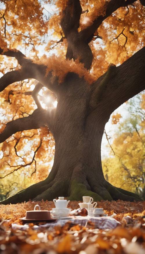 A tableau of a charming picnic under a giant oak tree shedding its copper-colored leaves.