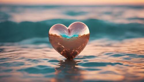 Фотореалистичная картина сердца из розового золота, плывущего по спокойному бирюзовому морю на закате.
