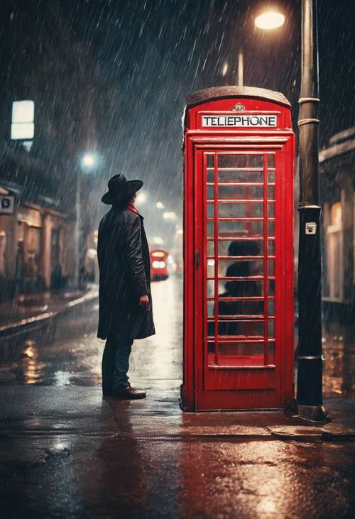 Bilik telepon antik berwarna merah di bawah hujan pada tengah malam, dengan orang misterius di dalamnya.