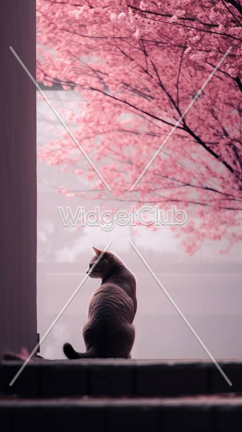 貓咪與櫻花：寧靜的景色