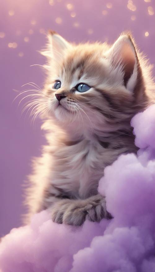 Иллюстрация очаровательного котенка, спящего на пушистом пастельно-фиолетовом облаке.