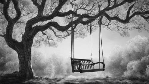 A monochrome drawing of a tree with a swing hanging from its sturdy branch.