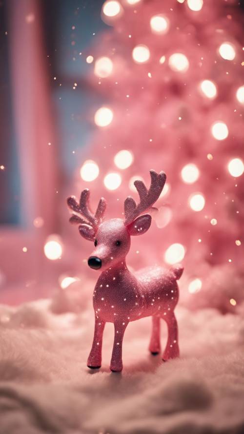 A pink reindeer decoration with festive twinkling lights in the backdrop.
