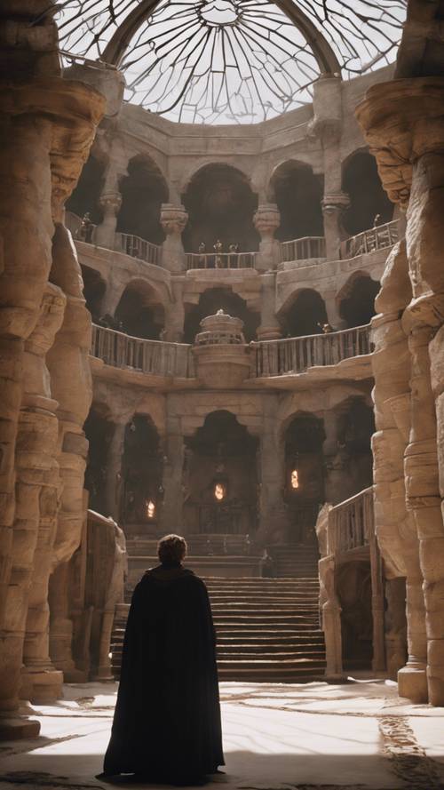 A suspenseful scene of Paul Atreides using the voice to command a Harkonnen soldier, set inside the stark walls of Arrakeen palace.