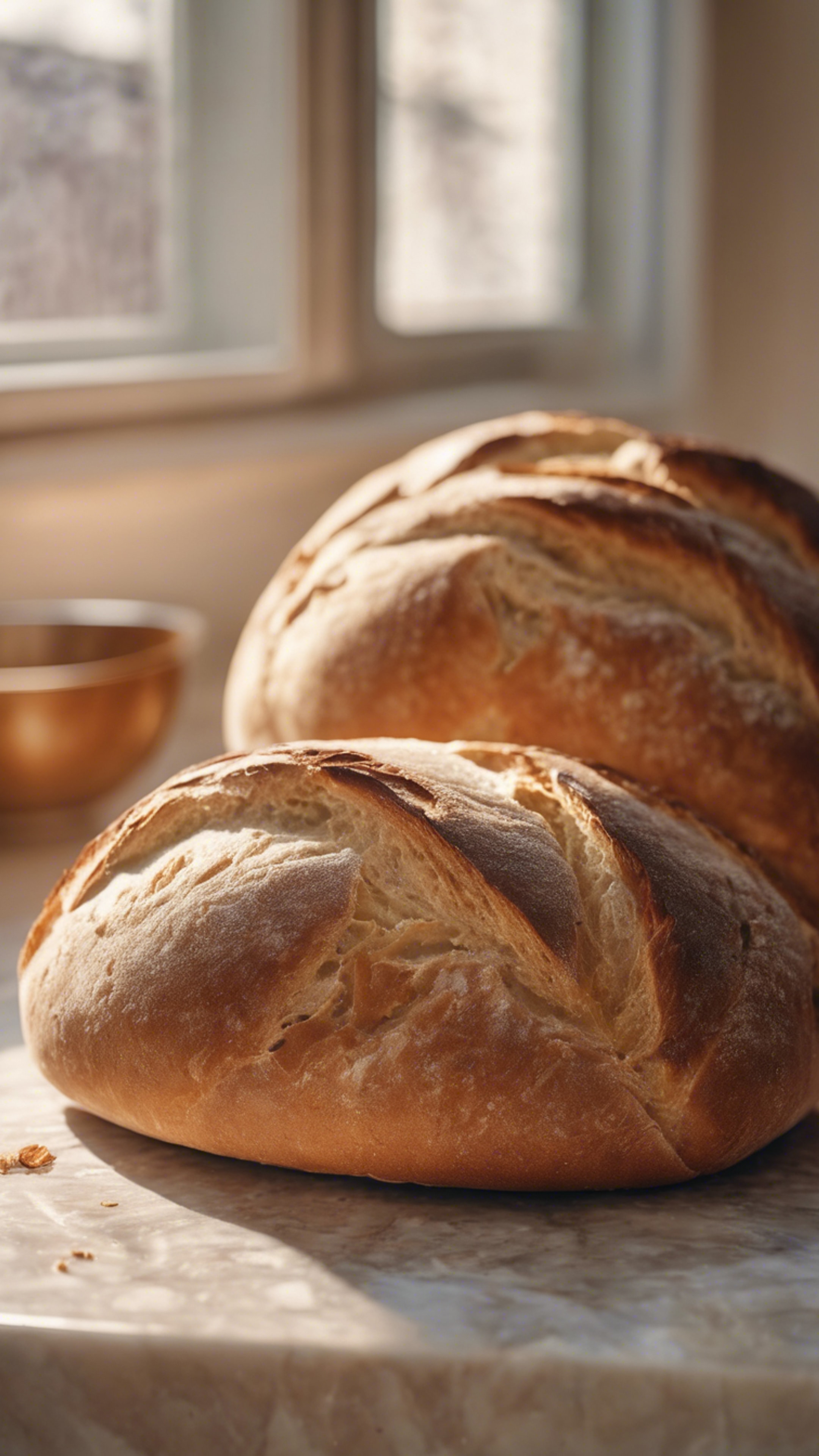 Freshly baked bread cooling on a beige marble countertop, with warm sunlight streaming in from the kitchen window. 벽지[7db45c5384474f76b12a]