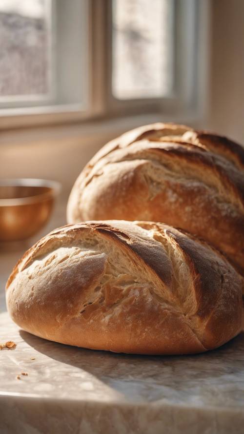 Pan recién horneado enfriándose sobre una encimera de mármol beige, con la cálida luz del sol entrando por la ventana de la cocina.