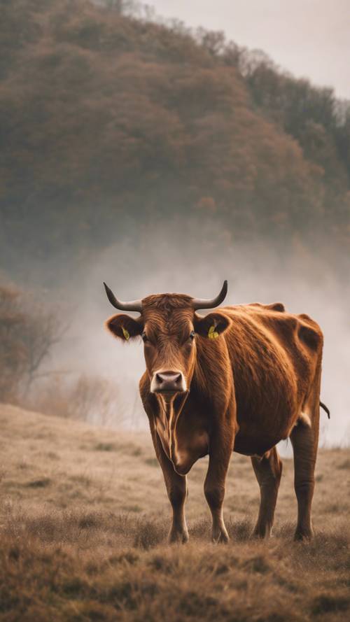 A brown cow with distinct print and horns on top of a hilly landscape in the early morning fog