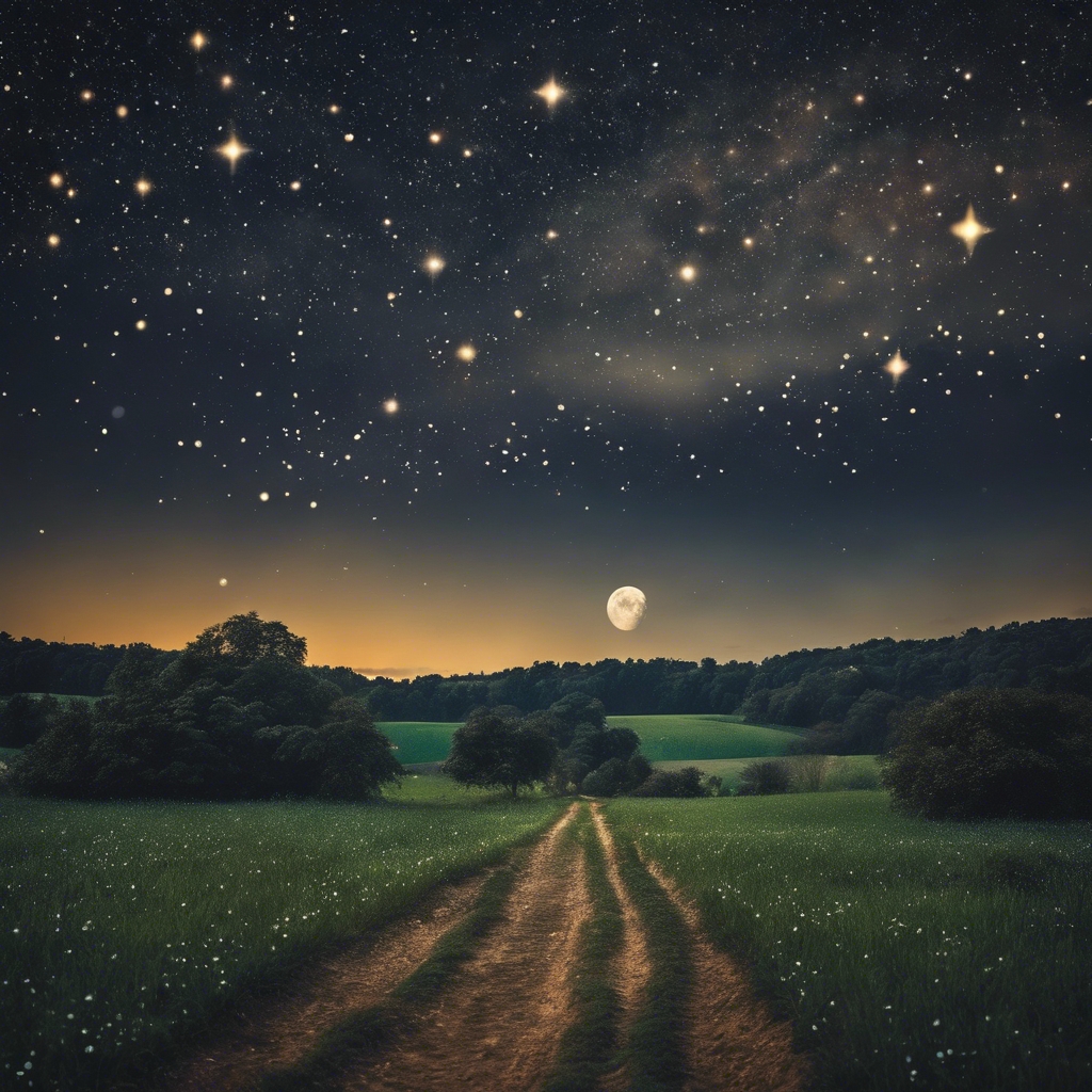 A rural landscape under a night sky punctuated by a scattering of bright stars. Wallpaper[b4fc3fb32de648c09350]