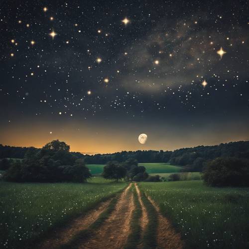 Uma paisagem rural sob um céu noturno pontuado por estrelas brilhantes.