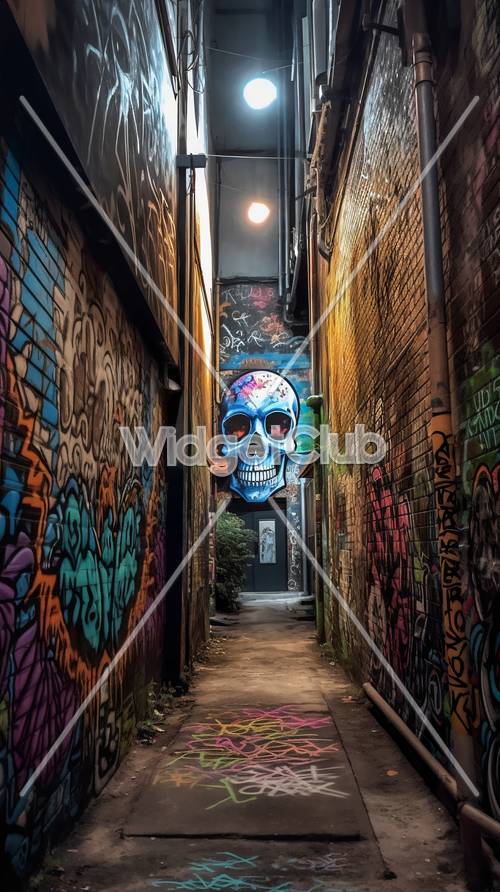Kolorowa aleja z graffiti z wielką czaszką