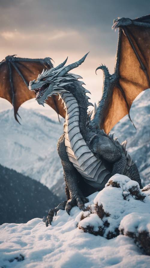 Un dragón en la cima de una montaña nevada, su rugido resuena por todo el valle.