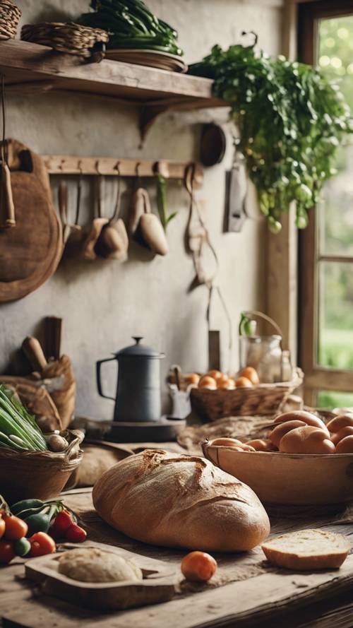 Une table de cuisine de ferme rustique chargée de produits frais et de pain fraîchement sorti du four.