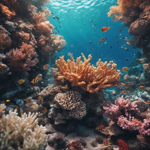 수정처럼 맑은 물 속에 해양 생물이 가득한 다채로운 산호초가 있는 고요한 바다 풍경입니다.