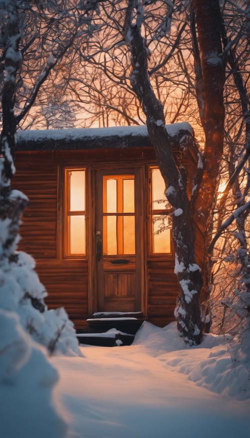 Una puerta de cabina entreabierta, invitándote a entrar en el cálido resplandor naranja del interior, contra el azul de la noche de invierno.