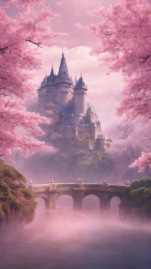 Un magnífico castillo de anime envuelto en una niebla rosada de flores de cerezo.