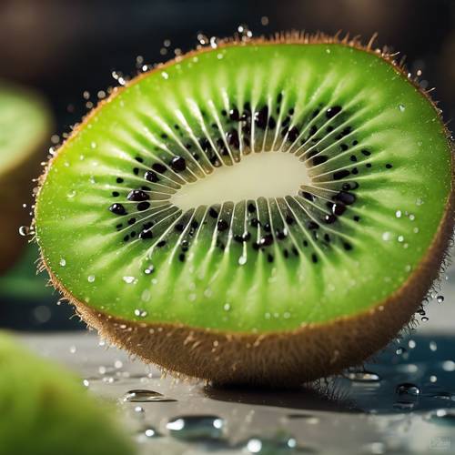 An unopened kiwi fruit with small droplets of water on its skin.
