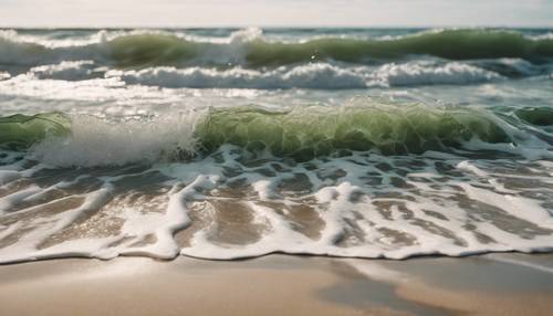 Uma cena costeira serena com ondas verdes batendo contra uma praia arenosa.